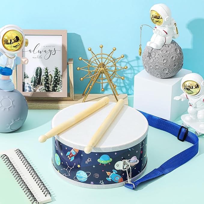 Boao 1 Pc Kids Drum Set, 8 Inch Toddler Drum Wooden Toy with Adjustable Strap and 4 Drumsticks, Educational Sensory Musical Instrument for Toddlers Kid Baby Boys Girls Gift (Space)-CubbioJoy
