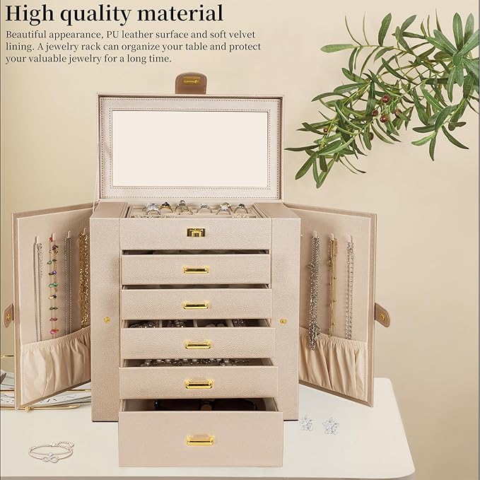 AKOZLIN Huge Jewelry Box Organizer Functional Extra Large Leather Jewelry Storage Case for Women Girls Ring Necklace Earring Bracelet Holder Organizer with Mirror-CubbioJoy