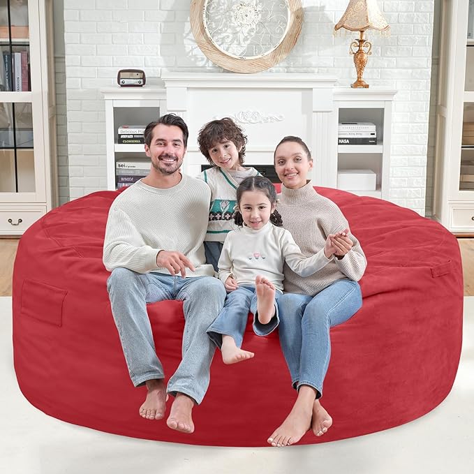 6FT Bean Bag Chair, Large Bean Bag Chairs with Memory Foam Filled, Fluffy Beanbag Sofa with Dutch Velvet Cover, Round BeanBag Chairs for Living Room, Playroom - Red-CubbioJoy