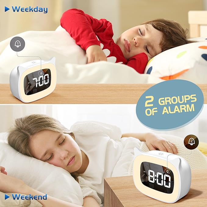 Kids Alarm Clock with Night Light & 18 Ringtones,Rechargeable,Cute Cat Ear Clock for Boys Girls Birthday Presents,Digital Clock for Children's Bedroom(White)-CubbioJoy