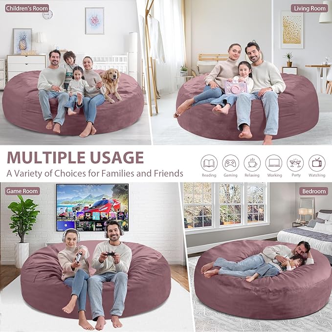 7FT Bean Bag Chair, Large Bean Bag Chairs with Memory Foam Filled, Fluffy Beanbag Sofa with Dutch Velvet Cover, Round BeanBag Chairs for Living Room, Playroom - Dusty Pink-CubbioJoy