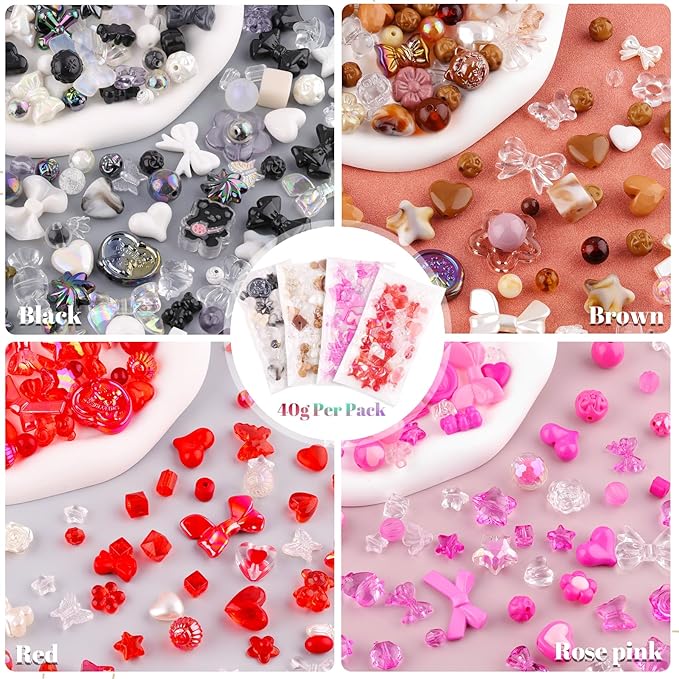 Assorted 180-240PCS Acrylic Beads for Bracelet Making, Bow Butterfly Candy Heart Gummy Bear Kawaii Aesthetic Bracelet Charms,Cute Beads for Jewelry Making DIY Necklace Keychain Phone Charm-CubbioJoy