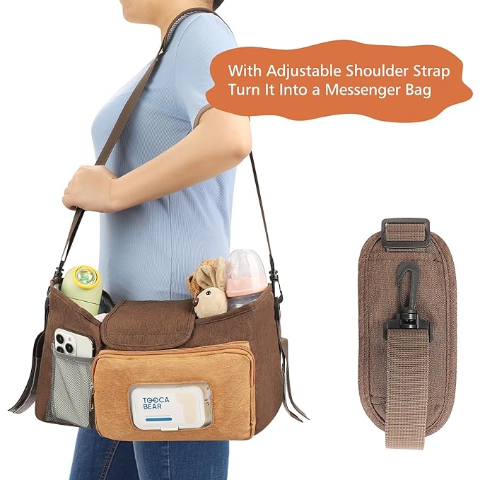 Accmor Universal Stroller Organizer with Insulated Cup Holder, Stroller Caddy Bag Accessories, Stroller Cup Holder Organizer for Uppababy Baby Jogger Britax Stroller, Brown-CubbioJoy
