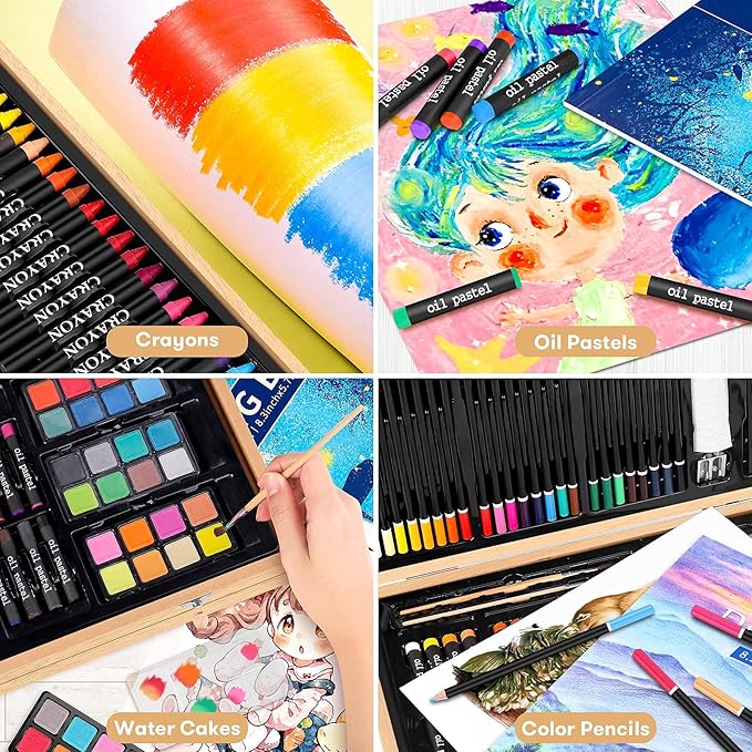 Art Supplies, iBayam 150-Pack Deluxe Wooden Art Set Crafts Drawing Painting Kit with 1 Coloring Book, 2 Sketch Pads, Creative Gift Box for Adults Artist Beginners Kids Girls Boys-CubbioJoy