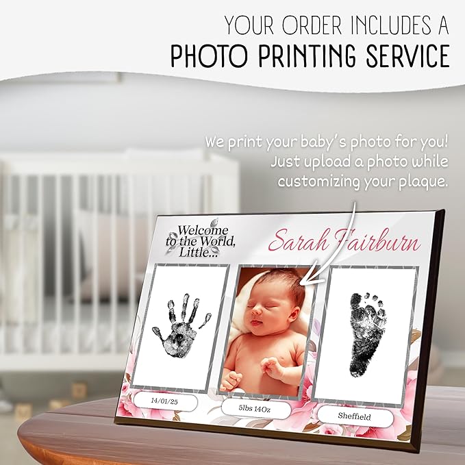 Baby Hand and Footprint Kit with Photo & Birth Details, Inkless Hand and Footprint Kit, Newborn Keepsake Plaque, Baby Shower Gifts (STYLE 1 (Fully Personalized) (Welcome To The World - Baby Girl))-CubbioJoy