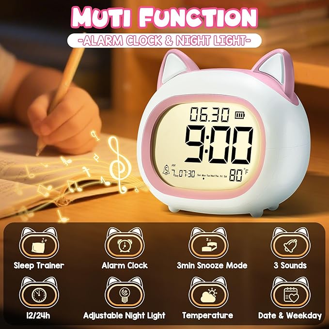 Kids Alarm Clock with Night Light for Kids, Small Digital Alarm Clocks for Bedrooms, Routine Builder, Cute Cat Alarm Clock with Sleep Training, Snooze, 12/24H, Date & Day, Temperature, USB Port-CubbioJoy