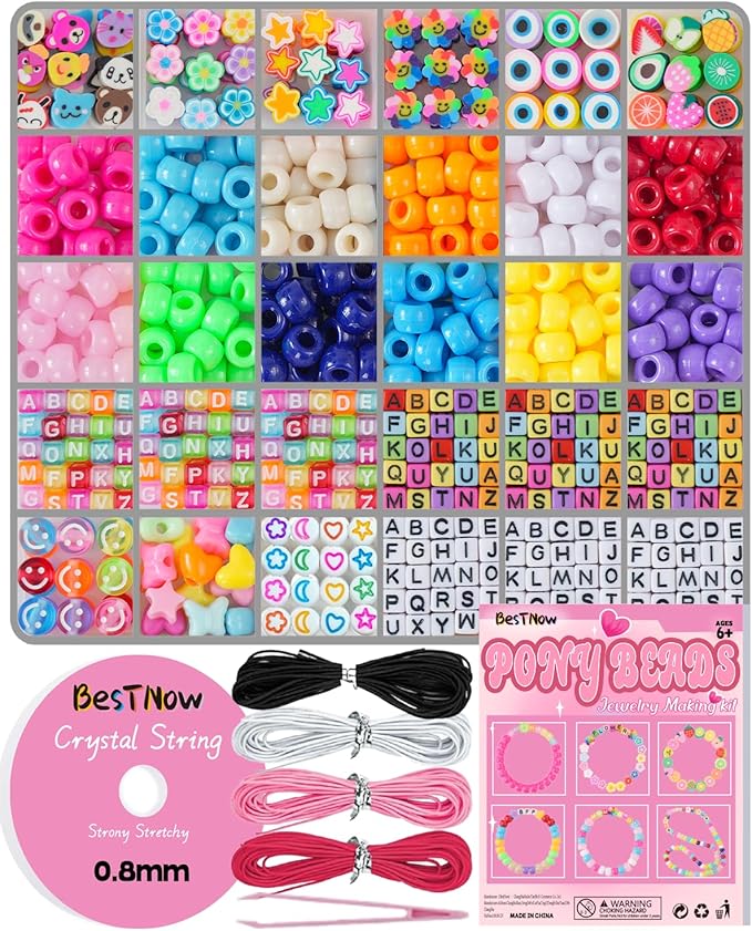 BestNow Bracelet Making Kit Beads for Bracelets Pony Beads Polymer Clay Beads Smile Face Beads Letter Beads for Jewelry Making DIY Arts and Crafts Gifts Toys for Girls Age 6-12-CubbioJoy