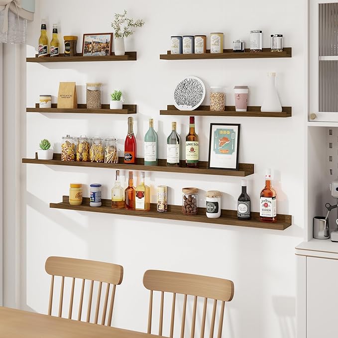 Axeman Picture Ledge Shelf, Floating Shelves for Wall Decor Storage Set of 6, 48 inch Floating Wall Mounted Shelves, Wall Shelves with Lip for Living Room, Bedroom, Nursery, Bathroom, Kitchen, Walnut-CubbioJoy