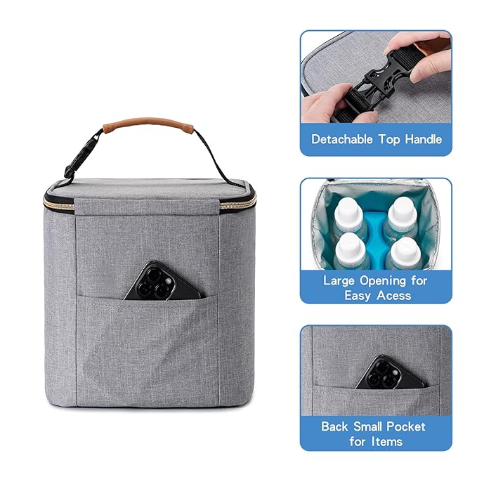 Breast Milk Cooler Bag with Ice Pack Fits 4 Baby Bottles Up to 9 Ounce, Baby Bottle Bag for Nursing Mom Daycare, Grey-CubbioJoy