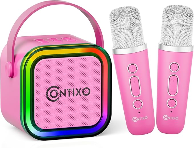 Contixo KS1A Kids Mini Karaoke Machine with LED Lights, 7–10H Playback, Dual Wireless Mics, Magic Voice Effects, Bluetooth Speaker for Children, Portable Singing Toy Gift for Boys & Girls, Pink-CubbioJoy