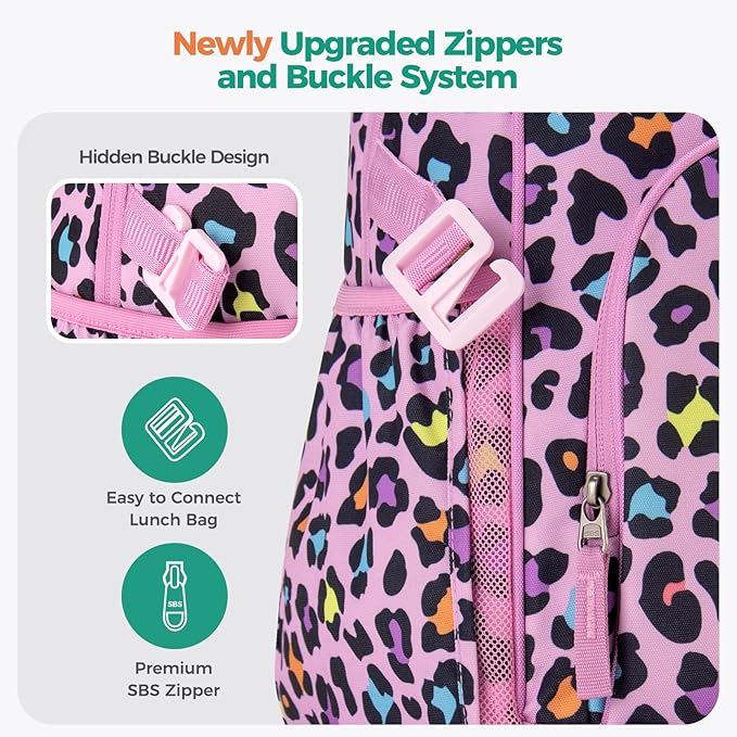 Choco Mocha Cheetah Backpack for Girls, Elementary School Backpack for Girls Ages 6-8 Kids Kindergarten Backpack Bookbag 17 Inch with Chest Strap, Pink-CubbioJoy