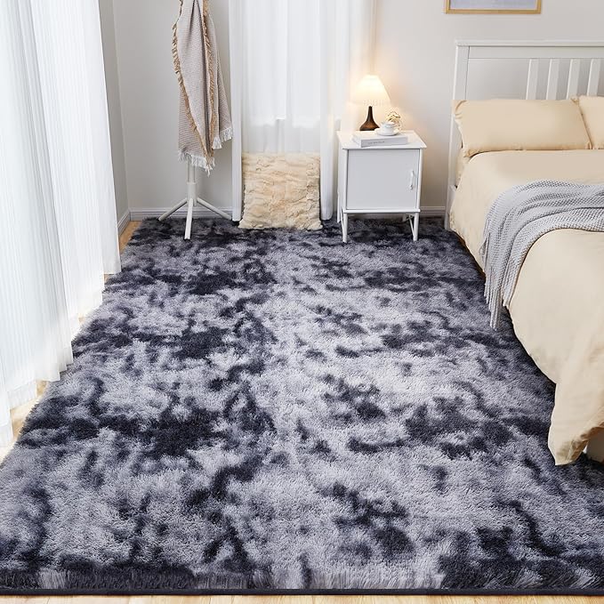 9x12 Fluffy Rugs for Living Room, Ultra Soft Plush Area Rug for Bedroom, Anti-Skid High Pile Indoor Carpet for Nursery, Kids Room, Playroom, Home Decoration, Tie-Dyed Dark Grey-CubbioJoy