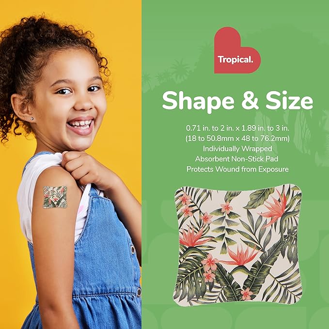 BioSwiss Bandages, Assorted Size Tropical Print Self Adhesive Bandage, Latex Free Sterile Wound Care, First Aid Kit Supplies for Kids and Adults, 60 Count-CubbioJoy