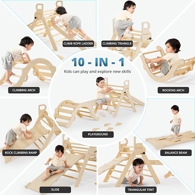 BlueWood 10-in-1 Pikler Triangle Set, Toddler Climbing Toys Indoor, Montessori Climber, Baby Jungle Gyms with Arch, Extra Rope Ladder & Footprint Balance Beam - Natural Rustic-CubbioJoy