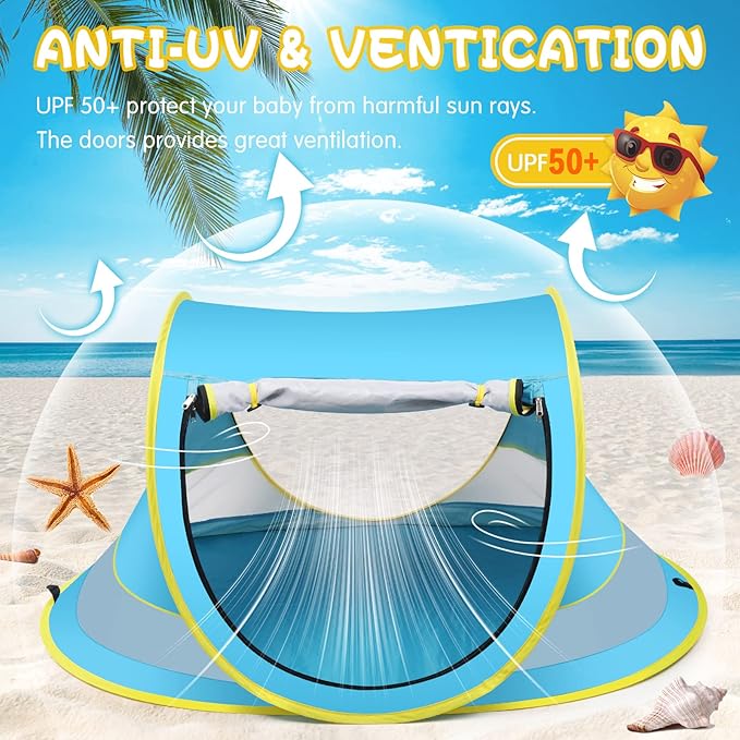 Baby Beach Tent,Large Pop Up Beach Tent Sun Shade for Beach,Portable Baby Travel Tent with Mosquito Net,Indoor Baby Play Tent,UPF 50+ UV Protection Sun Shelters for Infants-CubbioJoy