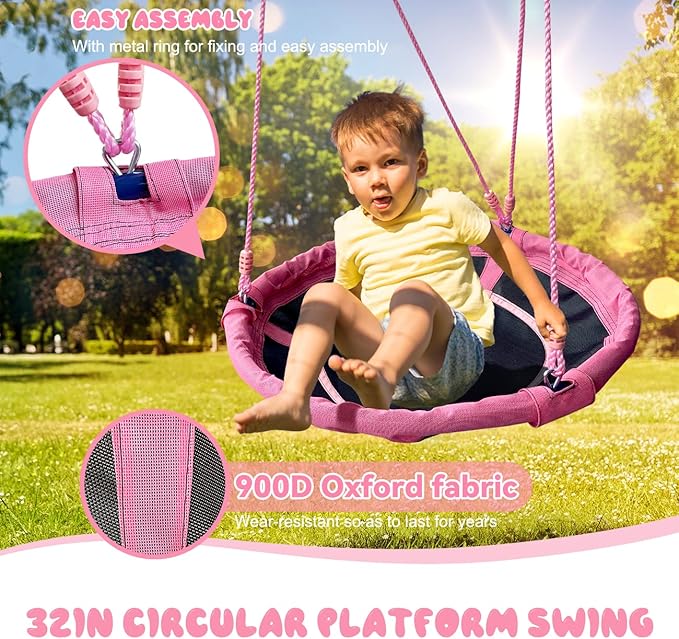 440lbs 2 Seat Kids Swing Sets for Backyard, 1 Saucer Tree Swing 32 inch, 1 Belt Swings, Heavy Duty Metal Swing Stand with Anchors(Pink+Blue)-CubbioJoy
