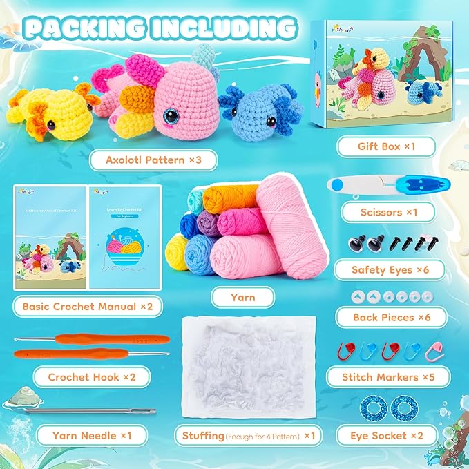 Crochet Kit for Beginners-3PCS Axolotl Crochet Kits for Adults Kids, Crochet Starter Kit with Step-by-Step Video Tutorials, Crochet Animals Kits DIY Craft Knitting Kit Learn to Crochet Kits for Adults-CubbioJoy