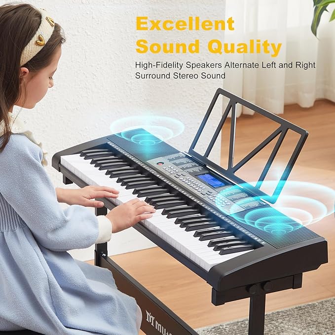 61 Key Piano Keyboard, Electric Keyboard Piano with Light-Up Keys, 255 Tones/Rhythms, Smart Learning System, Headphone, Microphone, Keyboard Stand, Stool, Stickers, Piano Keyboard Set for Beginners-CubbioJoy