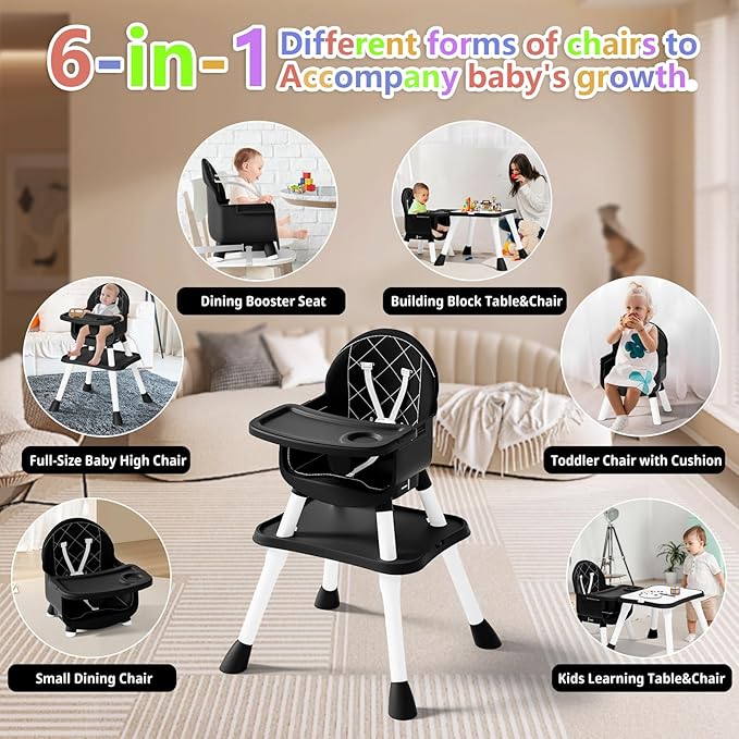 6 in 1 Baby High Chair for Babies and Toddlers, Booster Seat, Kids Learning Table & Chair (Black)-CubbioJoy