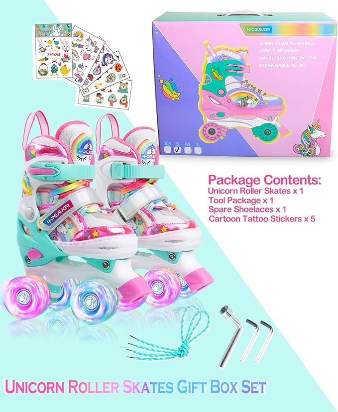4-Pejiijar Rainbow Unicorn Kids Roller Skates for Girls Toddler Ages 2-4 5-8 8-12,Adjustable Roller Shoes with Luminous Wheels for Birthday Xmas Gifts-CubbioJoy