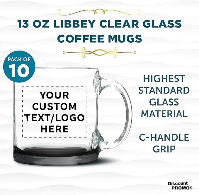 Custom Libbey Clear Glass Coffee Mugs 13 oz. Set of 10, Personalized Bulk Pack - Perfect for Coffee, Tea, Espresso, Hot Cocoa, Other Beverages - Black Bottom-CubbioJoy