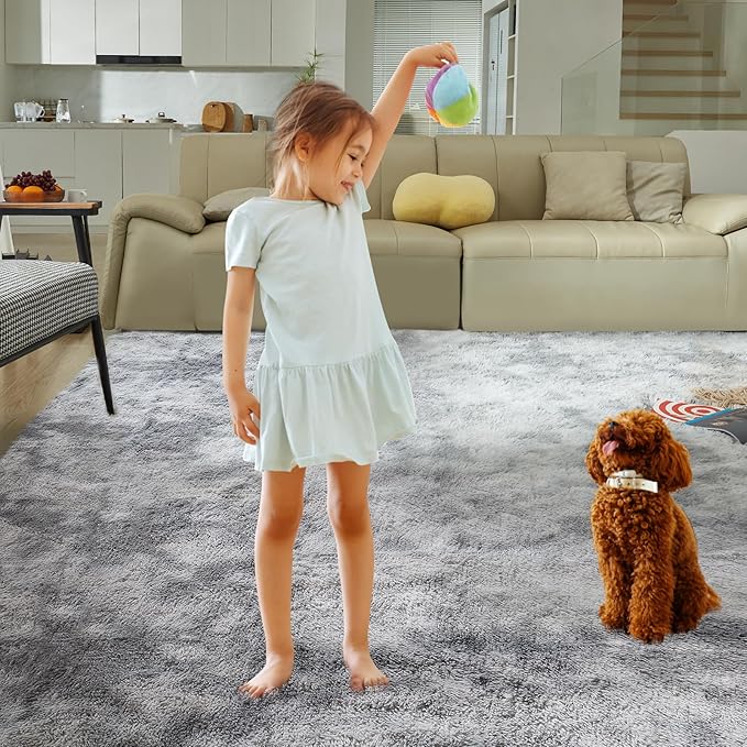 5X8 Ultra Soft Rug for Living Room, 5X8 Fluffy Shag Area Rug for Bedroom, Modern Shaggy Carpets Fuzzy Rug for Teens Dorm Nursery Home Decor Aesthetic, Upgrade Anti-Skid Durable, Tie-Dyed Light Grey-CubbioJoy