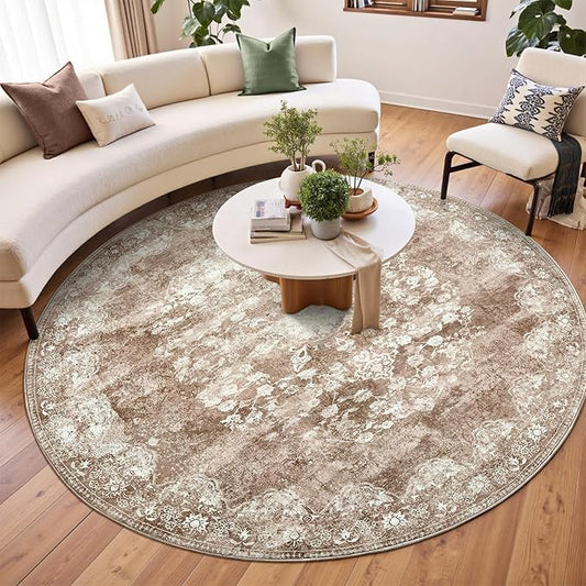 jinchan Round Rug 8ft Area Rug - Brown Vintage Floor Mat Kitchen Indoor - Washable Circle 8' Thin Floral Print Carpet Retro Farmhouse Non Slip Dining Room Living Room Bedroom Office-CubbioJoy