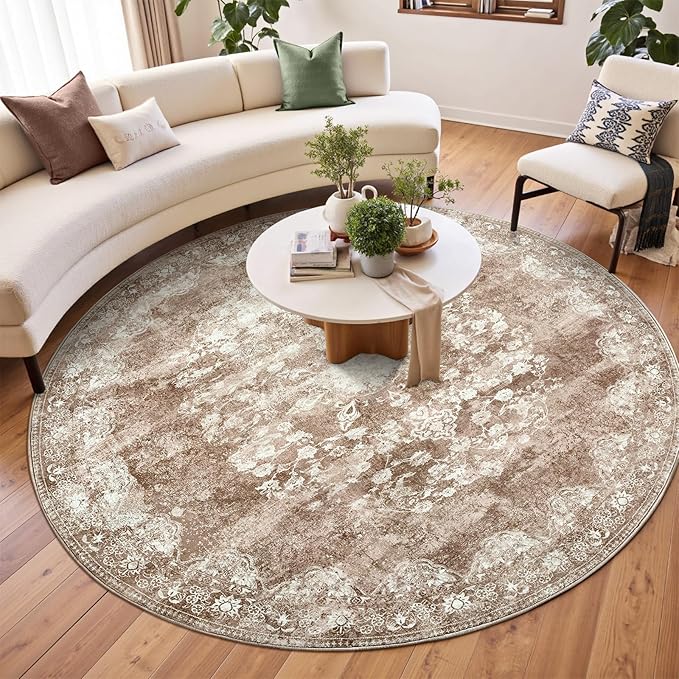jinchan Round Rug 7ft Area Rug - Brown Vintage Floor Mat Kitchen Indoor - Washable Circle 7' Thin Floral Print Carpet Retro Farmhouse Non Slip Dining Room Living Room Bedroom Office-CubbioJoy