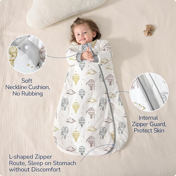 Baby Sleep Sack 18-24 Months, Cotton Detachable Long Sleeve Sleep Sack, 2.5 Tog Toddler Sleeping Sack with Temperature Strips, 2-Way Zipper Wearable Blankets for Newborns, Hot Air Balloon-CubbioJoy