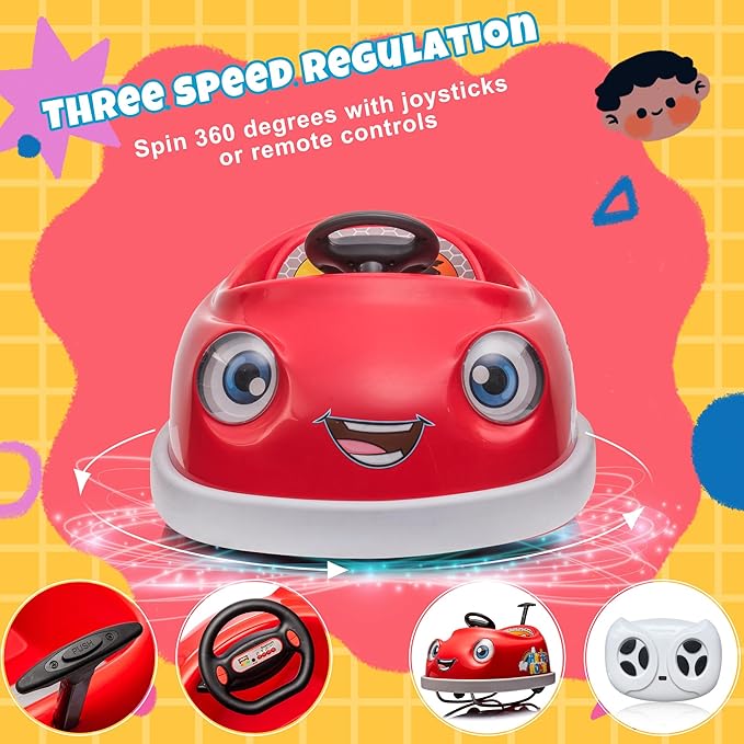 12V Dual Battery Electric Ride on Kids Bumper Car w/Remote Control,360 Degree Spin,Push Rod Rocker Horse Function,3-Speeds Babies & Toddlers Bumping Car Ride on Toy Gift for 1-4 Years Children (Red)-CubbioJoy