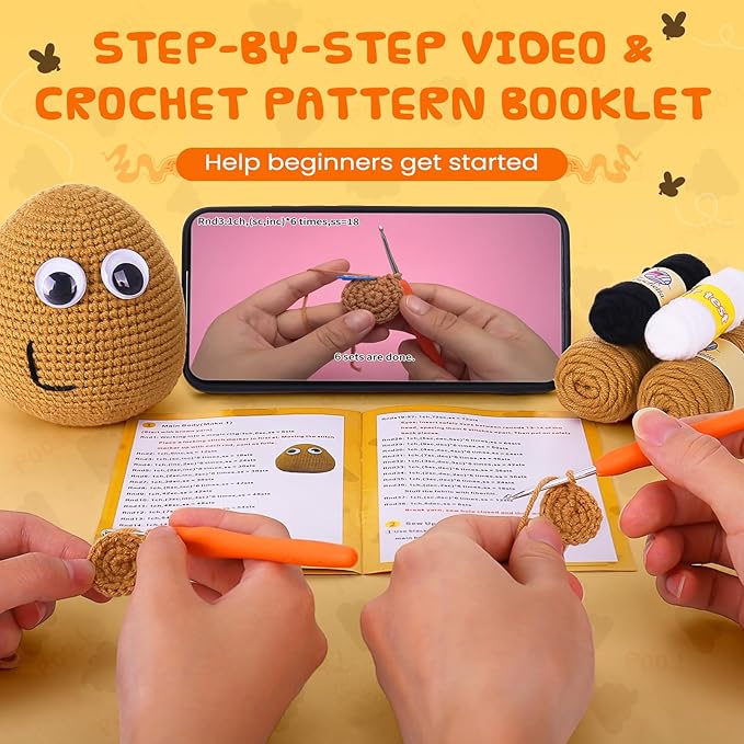 Crochetta Crochet Kit for Beginners, Crochet Kit w Step-by-Step Video Tutorials, Crochet Starter Kit Learn to Crochet Kits for Adults Kids Beginners, Crochet Poop (40%+ Yarn)-CubbioJoy