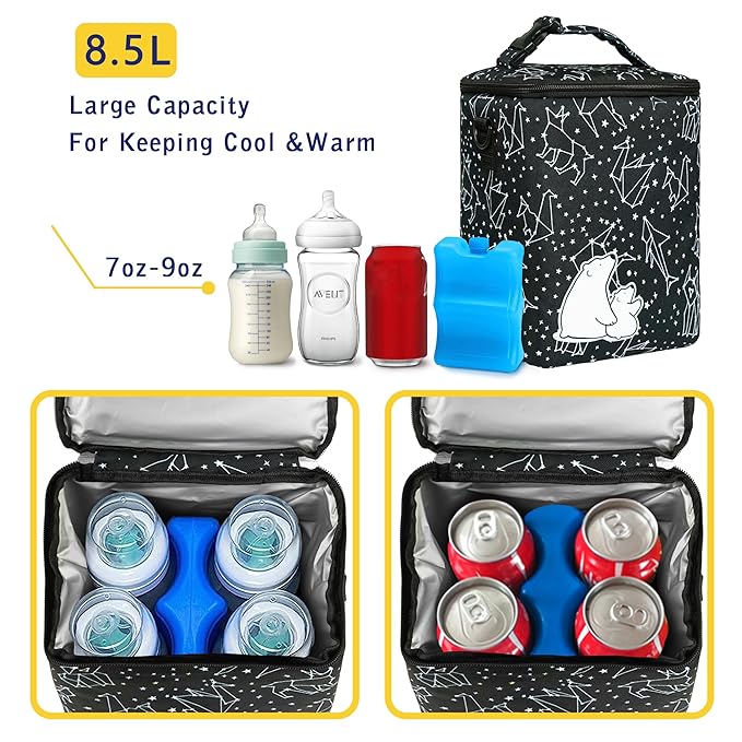 Breastmilk Cooler Bag with Ice Pack Fits 4 Baby Bottles Up to 9 Ounce Insulated Baby Bottle Bag Breast Milk Cooler on The Go with Strap Baby Bottle Cooler Bag for Nursing Mom Daycare or Travel-CubbioJoy