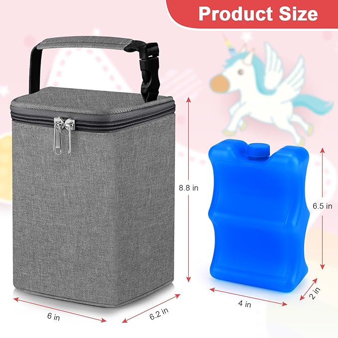Accmor Breastmilk Cooler Bag with Ice Pack, Baby Bottle Cooler Bags, Insulated Tote Bags On The Go, Fits 4 Large 8oz Bottles, for Nursing Mom Daycare Travel, Grey-CubbioJoy