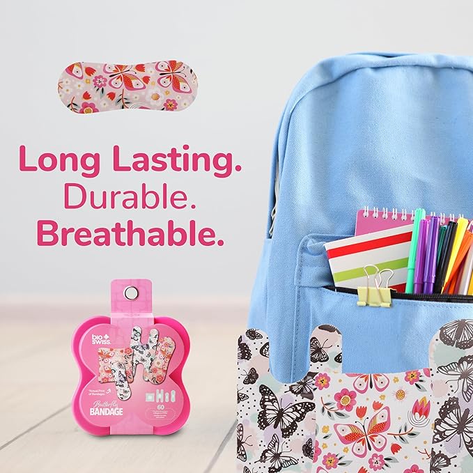 BioSwiss Bandages, Assorted Size Butterfly Print Self Adhesive Bandage, Latex Free Sterile Wound Care, First Aid Kit Supplies for Kids and Adults, 60 Count-CubbioJoy