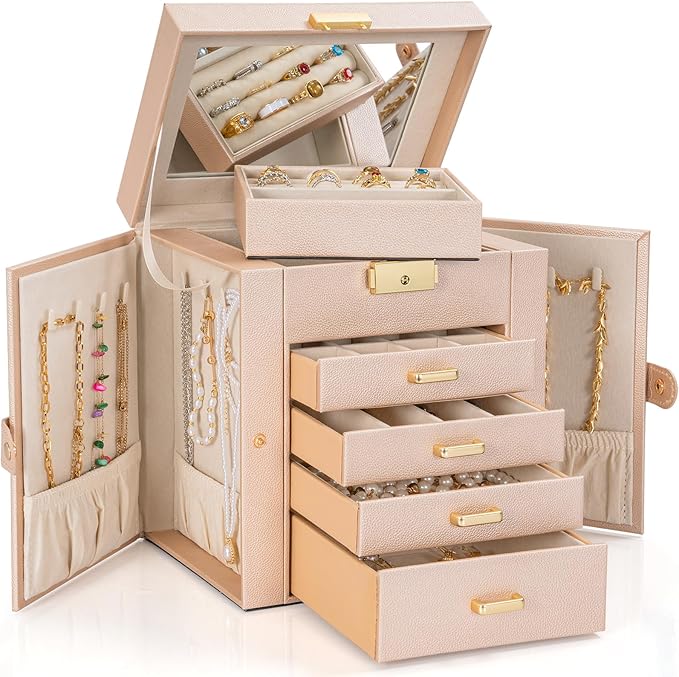 AKOZLIN 5-Tier Jewelry Box Leather Jewelry Storage Organizer with 4 Drawers Lockable for Women Girls Ring Necklace Earring Bracelet Watches Holder with Mirror Champagne-CubbioJoy