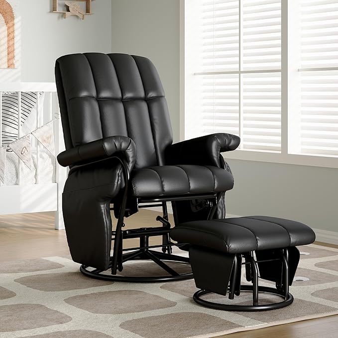 AODAILIHB Swivel Glider Recliner with Ottoman, 360 Rocking Chair with Foot Rest Recliner Chair Indoor Rocking Chair with Side Pockets Nursery Chairs for Living Room, Bedroom, Office (Black)-CubbioJoy
