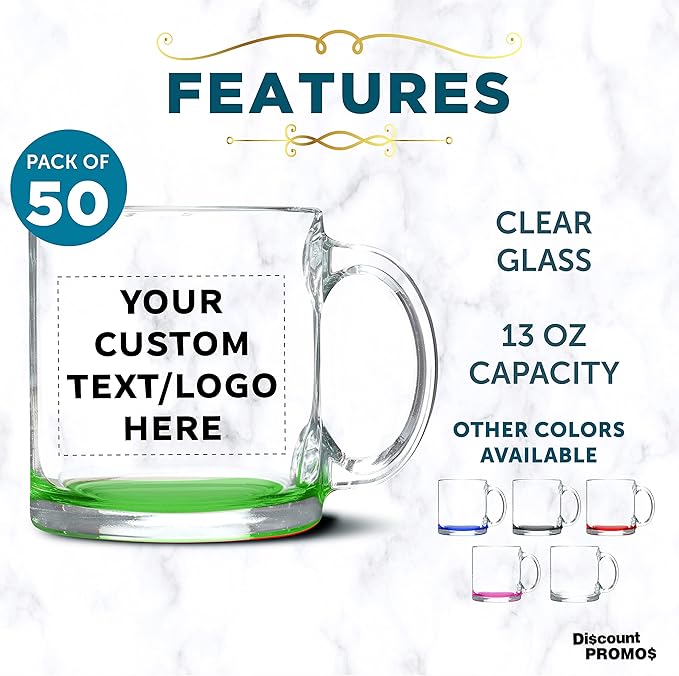 Custom Libbey Clear Glass Coffee Mugs 13 oz. Set of 50, Personalized Bulk Pack - Perfect for Coffee, Tea, Espresso, Hot Cocoa, Other Beverages - Green Bottom-CubbioJoy