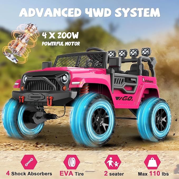 ANPABO 24V 2 Seater Ride On Car for Kids w/EVA Tires, 4X200W Motors, 4 Shock Absorbers, 2.4G Remote Control, Bluetooth Radio, LED Headlights & Searchlights, Electric Car for Kids Ages 3-8, Pink-CubbioJoy