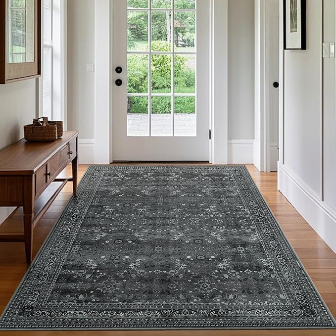 5x7 Machine Washable Area Rug for Living Room Bedroom, Vintage Kitchen Rugs Non Slip, Traditional Indoor Floor Floral Print Carpet for Dining Room, Farmhouse, Office Classroom Black/Gray-CubbioJoy