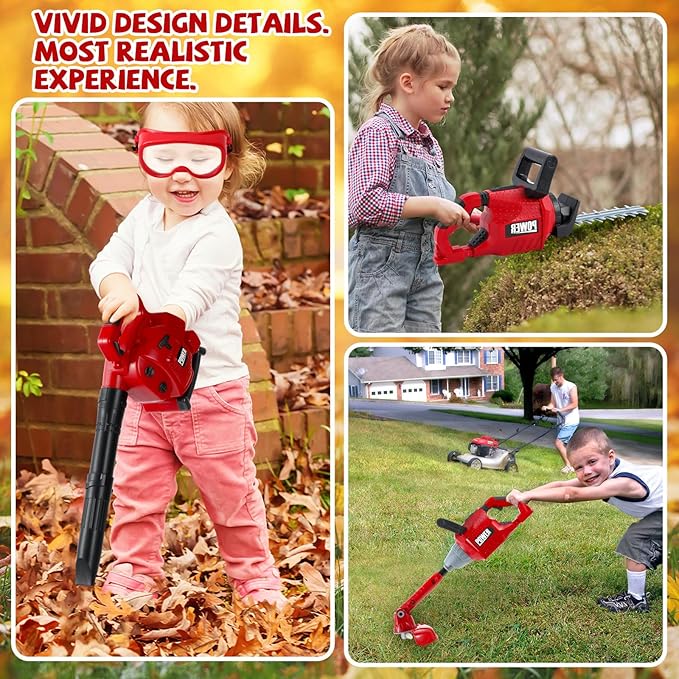 3 Pcs Toy Gardening Tool Set for Kids Toy Leaf Blower Weed Trimmer Hedge Trimmer Pretend Play Set with Lights and Sounds Birthday for Boys Girls-CubbioJoy