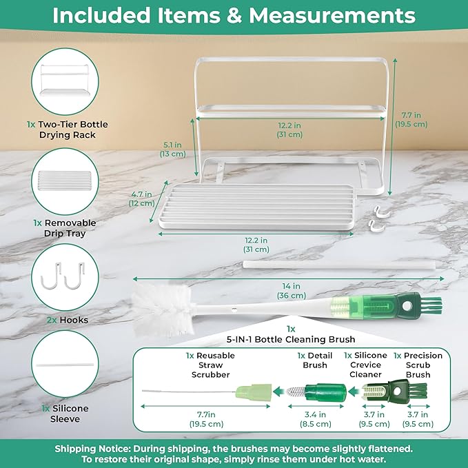 Bottle Drying Rack for Kitchen Countertop, Space Saving Storage Stand with Drainage Tray, Two-Tier Design for Tumblers, Baby Bottles, Water Bottle Drying Rack with 5-in-1 Bottle Cleaning Brush-CubbioJoy