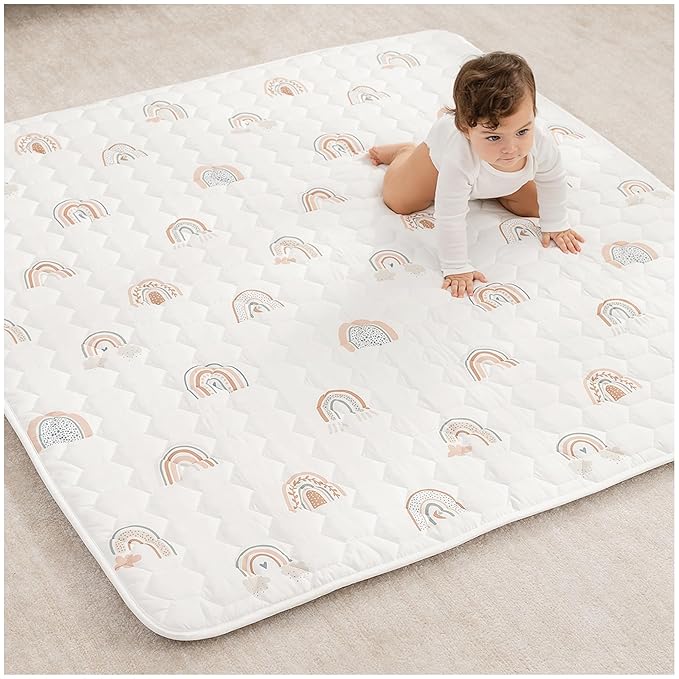 Comfy Cubs Square Kids Play Mat - 56 x 56 inches Soft Quilted Baby Floor Mat with Non-Slip Bottom - Plush Design for Toddlers' Playtime and Relaxation - Comfortable and Durable - Rainbow-CubbioJoy