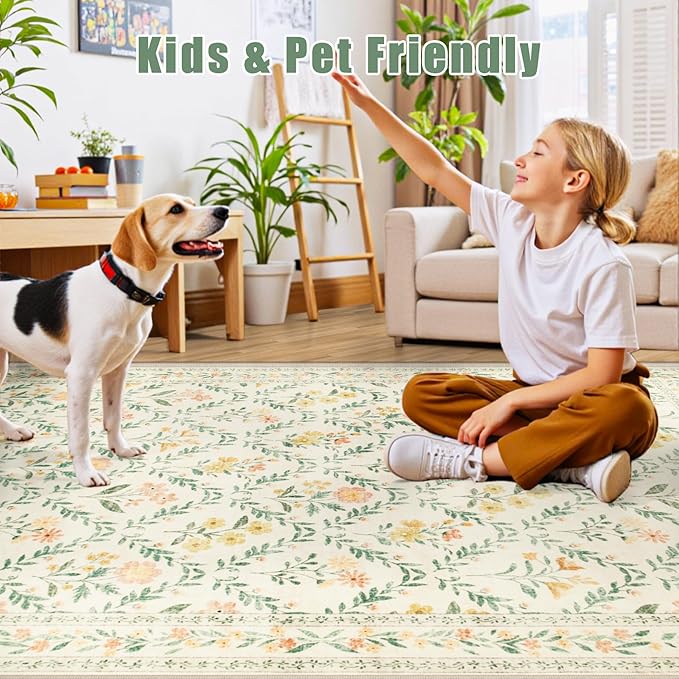 6x9 Area Rugs for Living Room: Floral Washable Rug Vintage Large Soft Boho Non-Slip Carpet Indoor Stain Resistant Thin Carpets for Bedroom Dining Room Farmhouse Nursery Hallway Home Office Beige/Multi-CubbioJoy