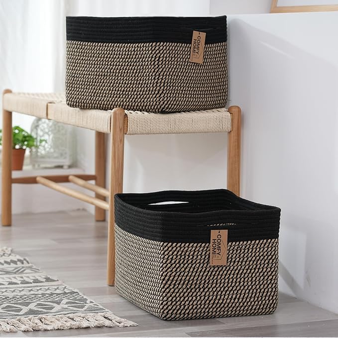 COMFY-HOMI Cotton Rope Woven Basket with Handles for Shelves,Toys,Book, Cloth Storage Baskets Bin for Organizing-13.5"x11"x9.5" Toy Decorative Organizer for Living Room, Bathroom-Black/Jute-CubbioJoy