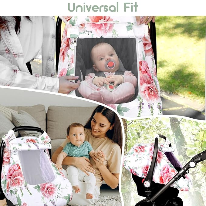 Baby Carseat Cover Girls, Pea Pod Floral Infant Car Seat Covers Canopy for Newborn with 2 Layers Windows of Breathable Mesh/Fabric, Lightweight Polyester/Minky Dot Backing, Snug Fit Most Baby Car Seat-CubbioJoy