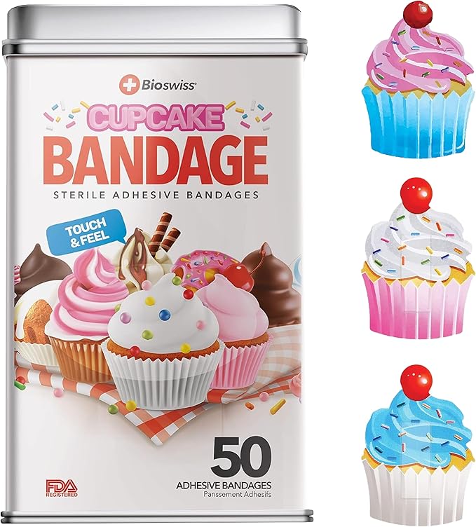 BioSwiss Bandages, Cupcake Shaped Self Adhesive Bandage, Latex Free Sterile Wound Care, Fun First Aid Kit Supplies for Kids, 50 Count-CubbioJoy