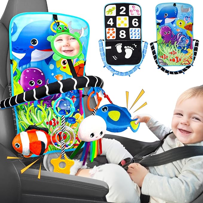 Baby Car Seat Ocean Animals Toys - Kick and Play Double Sided Infant Car Seat Toys with Plush Toys, Mirror, Teether for Baby Travel Activities, Christmas Birthday Gifts Newborn Infant Toy-CubbioJoy