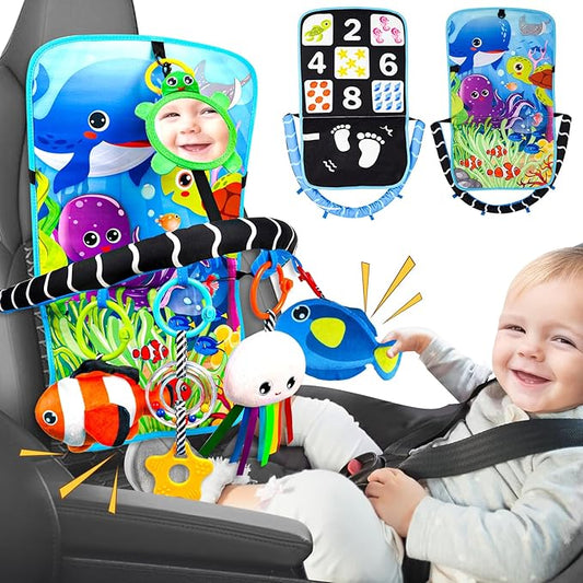 Baby Car Seat Ocean Animals Toys - Kick and Play Double Sided Infant Car Seat Toys with Plush Toys, Mirror, Teether for Baby Travel Activities, Christmas Birthday Gifts Newborn Infant Toy-CubbioJoy