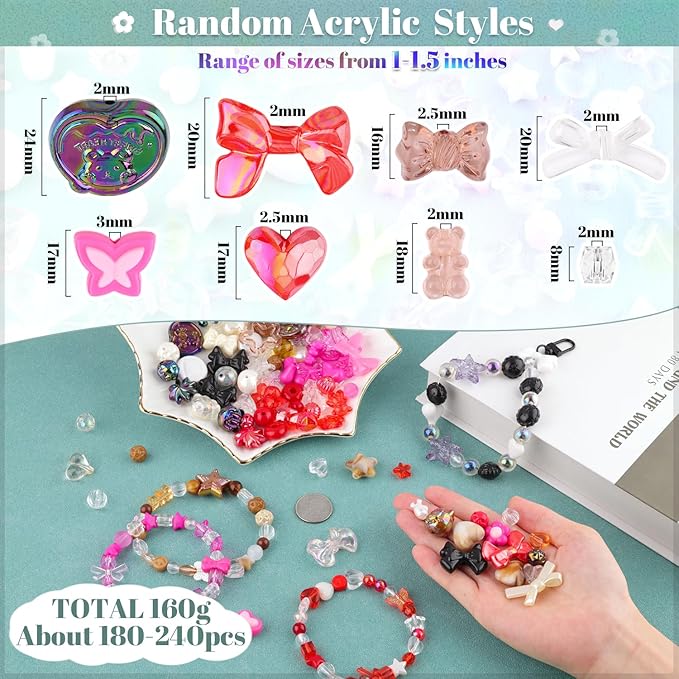 Assorted 180-240PCS Acrylic Beads for Bracelet Making, Bow Butterfly Candy Heart Gummy Bear Kawaii Aesthetic Bracelet Charms,Cute Beads for Jewelry Making DIY Necklace Keychain Phone Charm-CubbioJoy