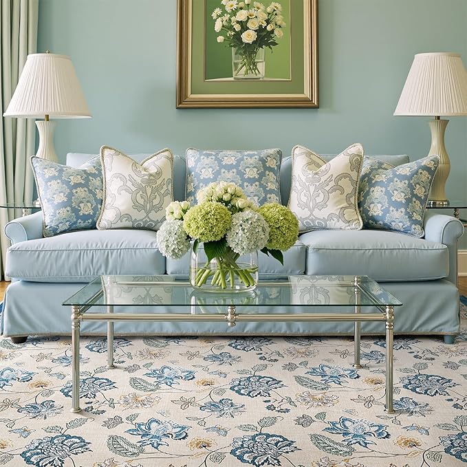 jinchan 8x10 Floral Rug for Living Room Washable Bedroom Rug Vintage Romance Design Non Slip Thin Indoor Floor Cover Large Low-Profile Throw Carpet for Dining Room Office, Blue/Beige-CubbioJoy